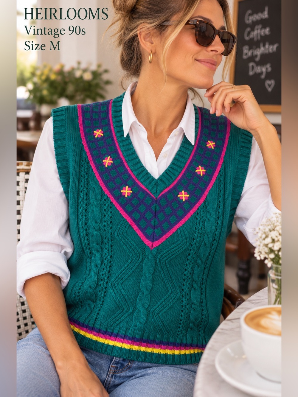 Heirlooms Vintage 90s Womens Med Cable Knit Sweater Vest Colorful Preppy green